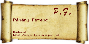Páhány Ferenc névjegykártya